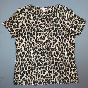 JM Collection Leopard Print Stretch Top Medium Short Sleeve Classic Chic